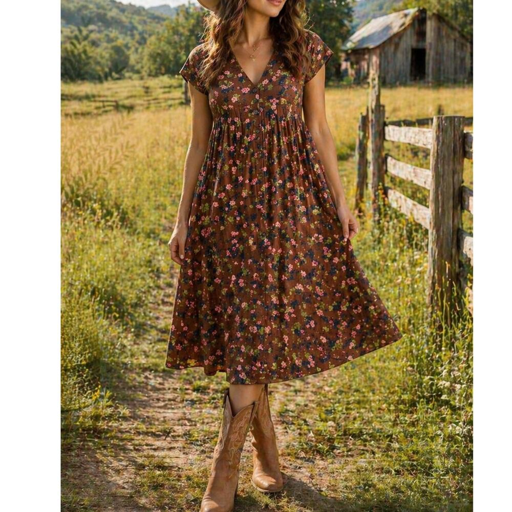 Natural Life Avery Corduroy Brown Bouquets Floral Cotton Bohemian Flowy Dress